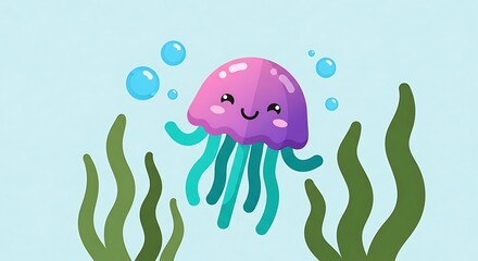 Naklejka premium Cheerful Cartoon Jellyfish Floating Among Bubbles and Seaweed, in a Flat Design Style Against a Light Blue Background; Ideal for Children's Illustrations and Educational Materials