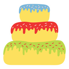 Birthday cake, sponge cake with sprinkles, frosting hand drawn illustration, isolated vector. Flat style design. Birthday celebration, festival, carnival, party clip art, element