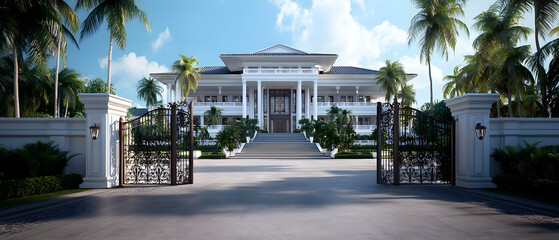 Grand Tropical Mansion Entrance With Decorative Gates