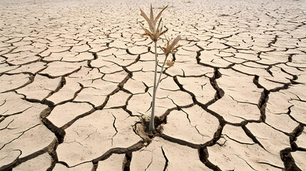 Dried Cracked Earth With Single Plant
