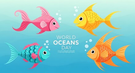 Colorful Cartoon Fish Swimming Together for World Oceans Day Celebration, Flat Design Vector Illustration