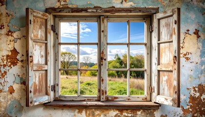 Old window with view of countryside
