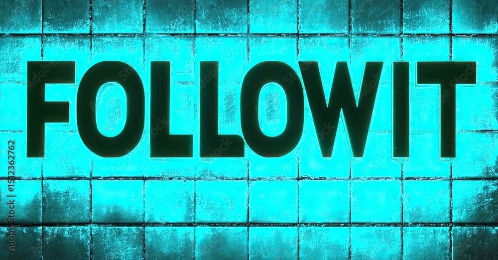 Poster bright turquoise tiled wall displays bold text. message reads follow it. simple design, vibrant colo