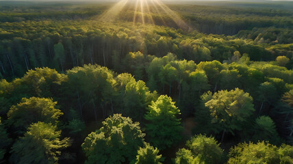 Aerial View of Forest Canopy Bathed in Golden Sunlight Showcasing Lush Green Trees and Natural Beauty from Above at Sunrise