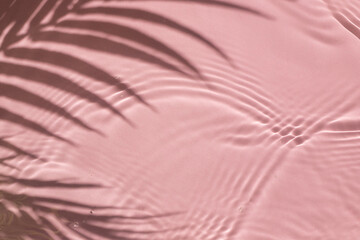 Fototapeta premium Pink water texture background on the noon sunlight with tropical leaves shadow.