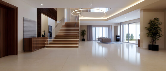 Spacious Modern Home Interior With Wooden Staircase