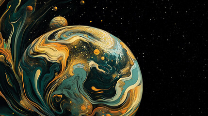 Gilded fluid art planet in the universe