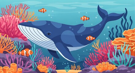Fototapeta premium Cartoon Whale Swimming with Clownfish Amongst Colorful Coral Reef in Clear Blue Ocean Water, Flat Vector Illustration - Marine Life, Underwater World, Aquatic Eco**system**