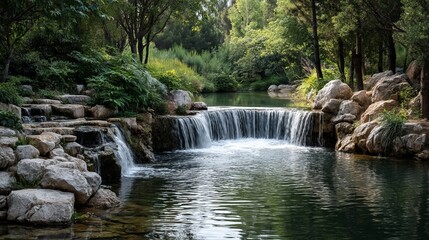 Waterfall Cascading into Pond with Rocks and Trees