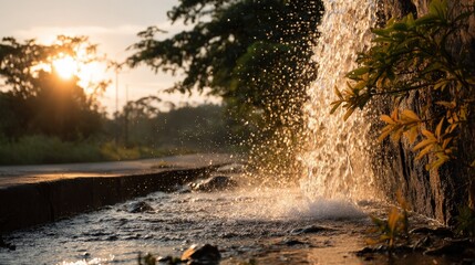 Waterfall Over Concrete Edge at Sunset