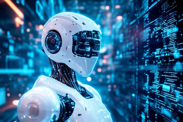 Futuristic AI banner. A humanoid robot face with a hologram interface, representing artificial intelligence, cyber security, and digital connection