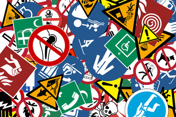background of safety signs with warnings of attention or danger with colored pictograms and various...