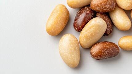 Fototapeta premium A pile of various nuts and seeds on a white background.