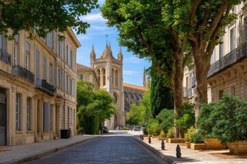 Fototapeta premium Cobblestone street leads to a grand cathedral lined by buildings and green trees under a bright sky