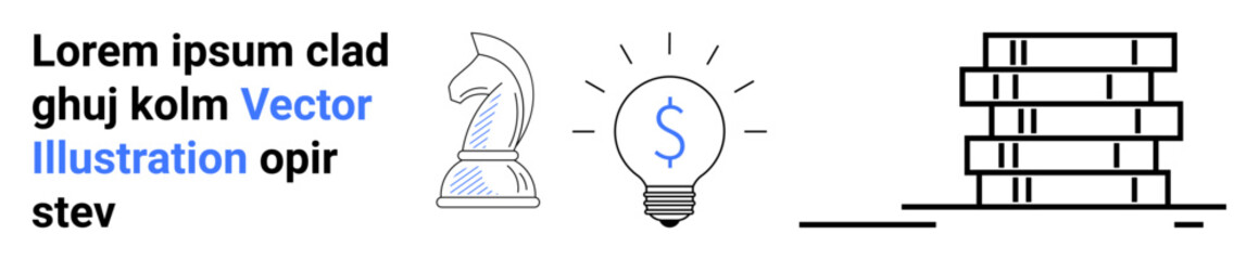 Chess knight inspiration, illuminated lightbulb with a dollar sign, neat stack of blocks. Ideal for strategy, finance, creativity, innovation, decision-making, organization simple landing page