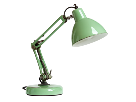 Green Desk Lamp: A vintage, mint green desk lamp, with an articulated arm and a classic design, sits on a surface. Perfect for adding a touch of retro charm to any workspace or home office.
