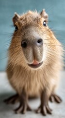 A capybara with a charming smile looks directly at the viewer. Its whiskers and soft fur are highlighted in the close-up, creating an endearing portrait. The background adds a calming touch
