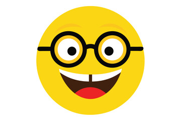 Smiling yellow emoji face with glasses and big teeth illustration