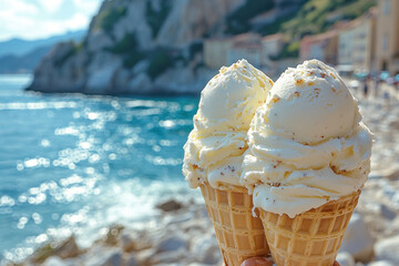 Person holding ice cream cone by the ocean.