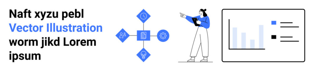 Person gesturing at a bar chart and connected nodes representing data, networking, and analytics. Ideal for business analysis, tech, education, management, teamwork, research and simple landing page