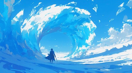 Solitary figure centered in swirling blue-white ice wave, anime-inspired dynamic concept art, low-angle wide shot, textured digital painting, frozen vortex