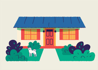 One-story house with garden and pet dog. My home. Real Estate.