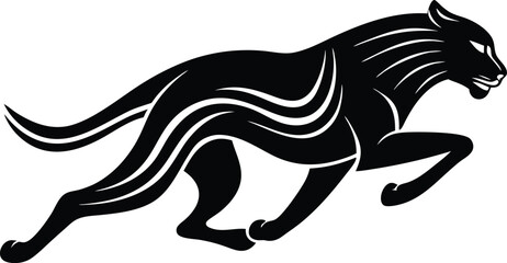 Stylized Running Panther Black Silhouette Vector Illustration with Tribal Lines
