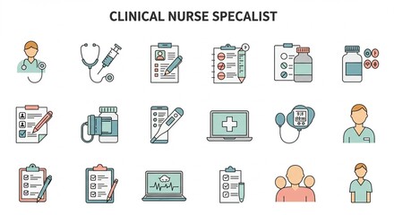 Healthcare icons represent clinical assessment in vector graphics on a plain background
