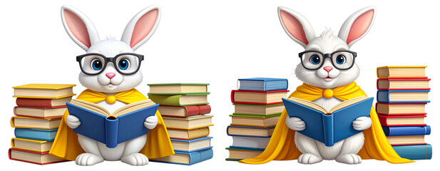 Smart Superhero Bunny with Books and Cape Brainy Hero Concept Transparent Background PNG