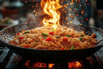 Noodles cooking in a hot wok.