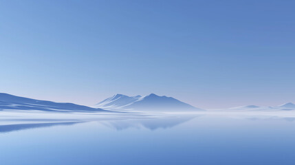 Snow mountains reflected in calm water