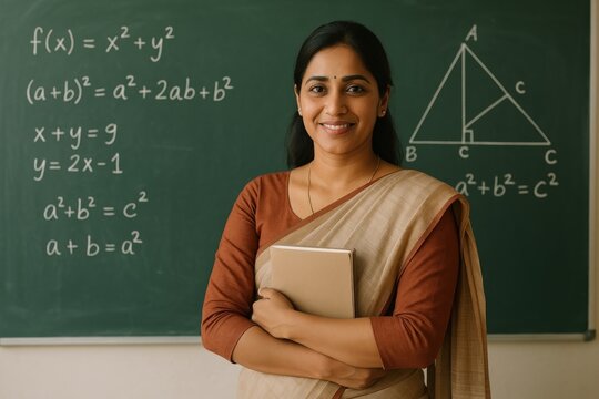 Confident teacher with chalkboard - Powered by Adobe
