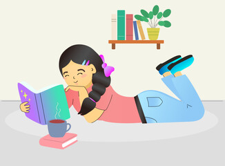 Young female lying on a floor and reading a book. Black hairs relax pose. cup with tea near. Flat style vector design illustrations. Girl student or teen .