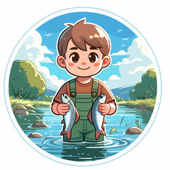 Freshwater fish catch illustration featuring happy boy holding caught fish in river