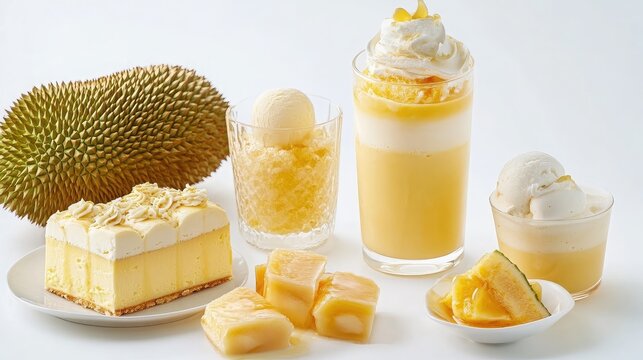 Durian desserts including mousse, ice cream, and cake on white background