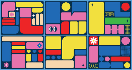 Bento grid web design elements, y2k layouts ,geometric shapes.Trendy set of retro abstract figures.Vector flat illustration
