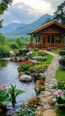 Fototapeta premium Traditional Japanese garden landscape with a serene pond, intricate architecture, and natural elements under a summer sky