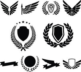 Laurel wreath, shield, wing, ribbon, and banners vector set. 