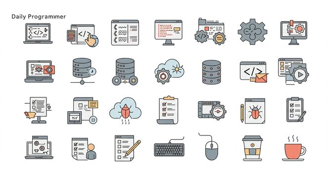 Software development icons illustrate coding within clean digital environment using various objects.