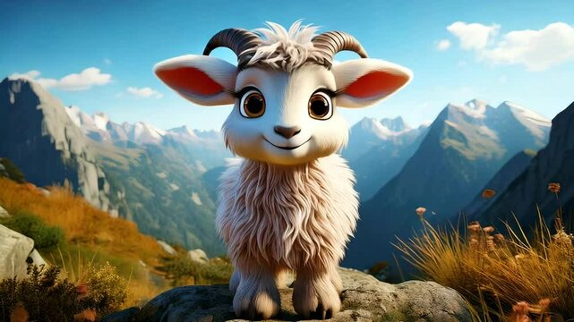 Cute Cartoon Mountain Goat on a Mountain Talking