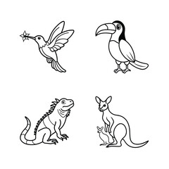 Simple black and white cartoon illustrations of different animals including a kangaroo and toucan