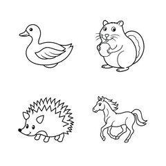 Adorable black and white outlined illustrations of various common animals for kids