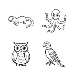Cute set of hand drawn black and white line art animal illustrations for educational use
