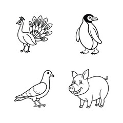 Black and white outlined illustrations of peacock penguin dove and pig for design projects