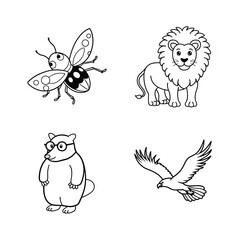 Black and white illustrated cartoon animals including a lion bear eagle and a ladybug