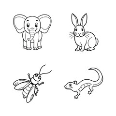 Outlined cartoon animals including elephant rabbit bee and lizard in black and white