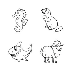 Simple black and white cartoon illustrations of diverse animals for children's education
