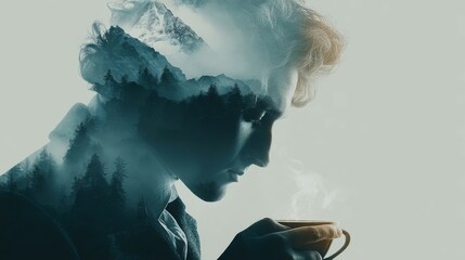 Silhouette of Austrian man surrounded by Alps, Mozart, and Viennese coffee