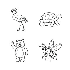 Simple black and white drawings of flamingo turtle bear and bee on white background