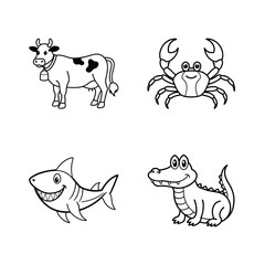 Outline illustrations of cartoon animals including a cow a crab a shark and an alligator